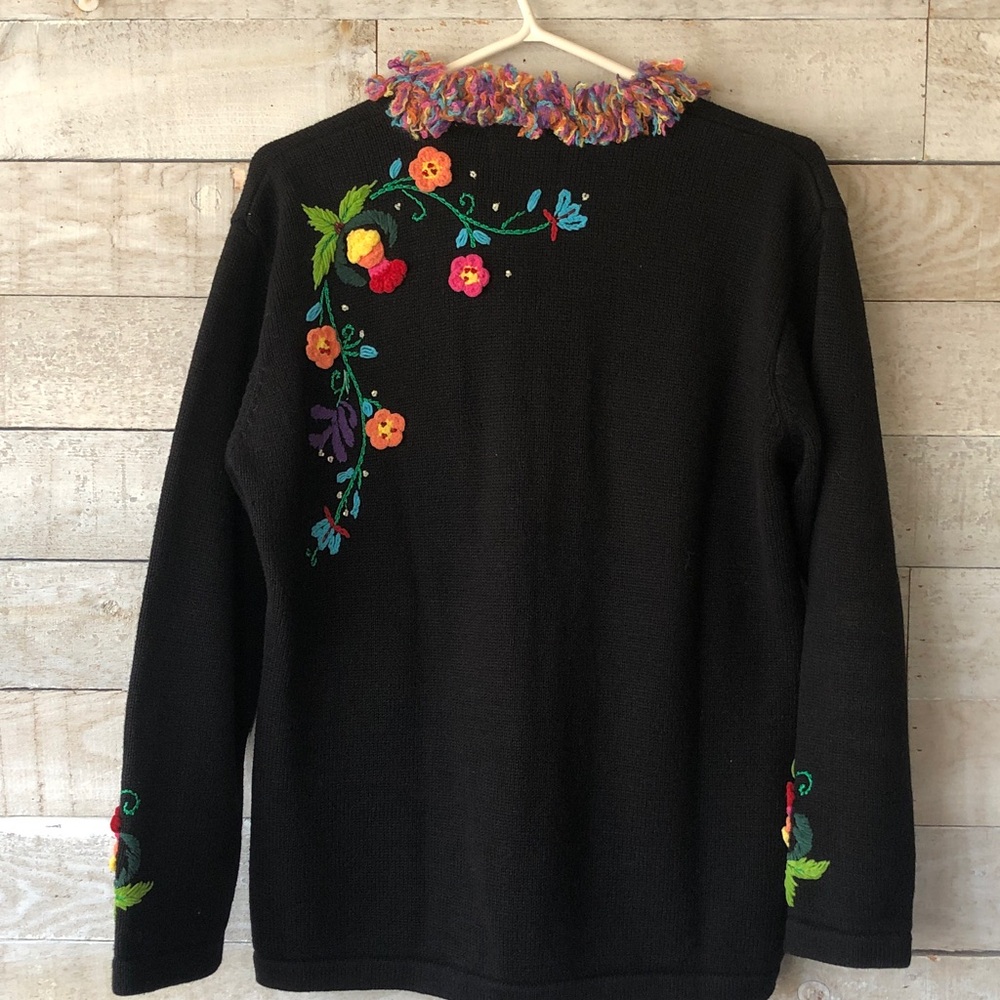 Storybook Knits Black Cardigan with Multicolor floral Embroidery - Picture 2 of 9